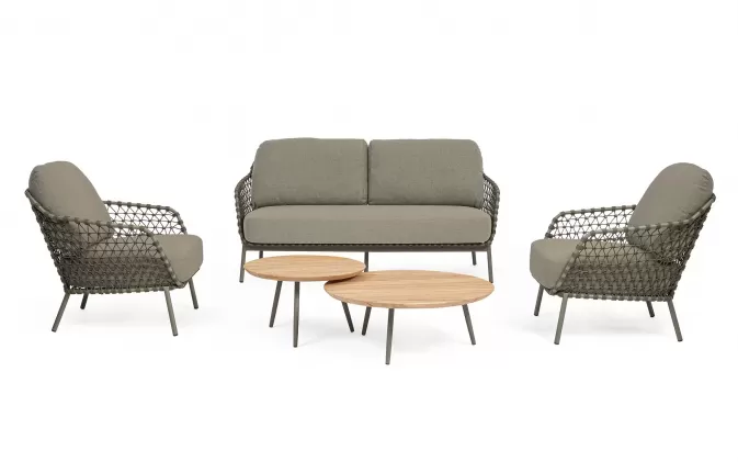 Oliwkowa nowoczesna sofa na taras IVISSA stal nierdzewna lina polipropylenowa Olefin bizzotto