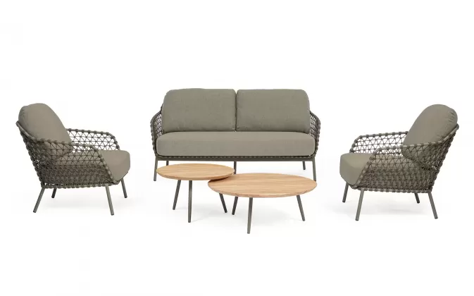 Oliwkowa nowoczesna sofa na taras IVISSA stal nierdzewna lina polipropylenowa Olefin bizzotto