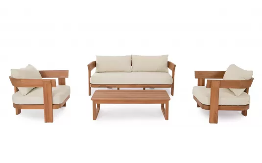 Meble wypoczynkowe do sofa dwa fotele i stolikl EVORA drewno teakowe / poduszki Olefin