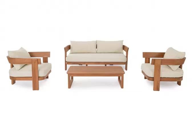 Meble wypoczynkowe do sofa dwa fotele i stolikl EVORA drewno teakowe / poduszki Olefin