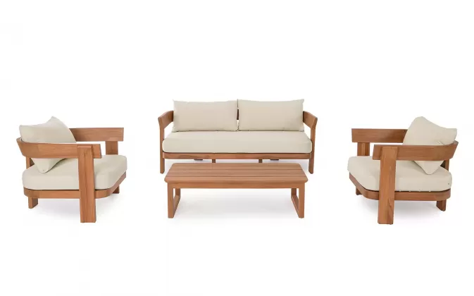 Meble wypoczynkowe do sofa dwa fotele i stolikl EVORA drewno teakowe / poduszki Olefin