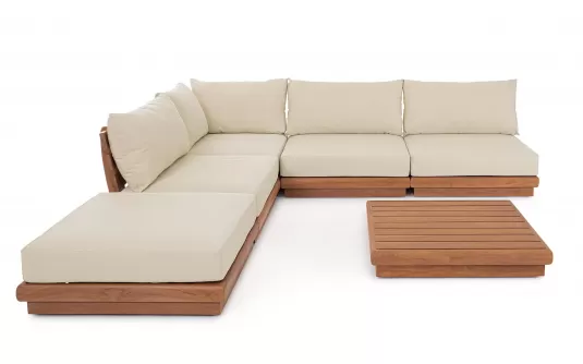 Modułowy komplet mebli ogrodowych z teaku z beżowymi poduszkami DELGADA bizzotto