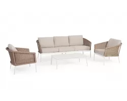 Jasnobeżowy komplet na taras z sofą i fotelami OCEANA aluminium i technorattan bizzotto
