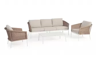 Jasnobeżowy komplet na taras z sofą i fotelami OCEANA aluminium i technorattan bizzotto