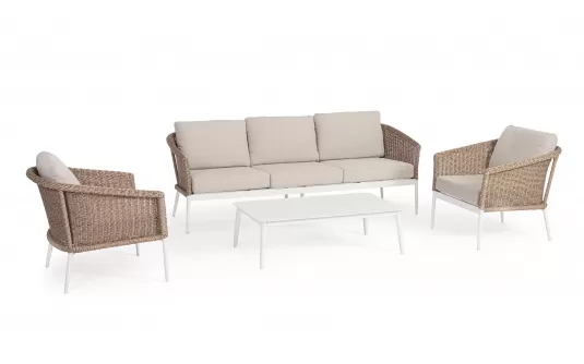 Jasnobeżowy komplet na taras z sofą i fotelami OCEANA aluminium i technorattan bizzotto