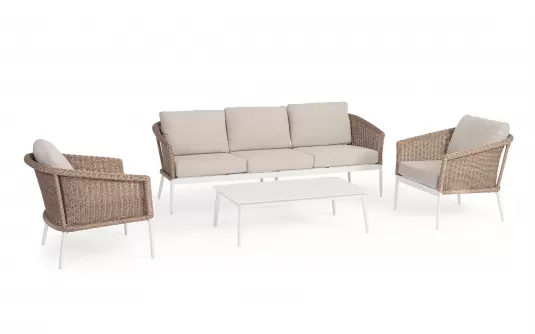 Jasnobeżowy komplet na taras z sofą i fotelami OCEANA aluminium i technorattan bizzotto