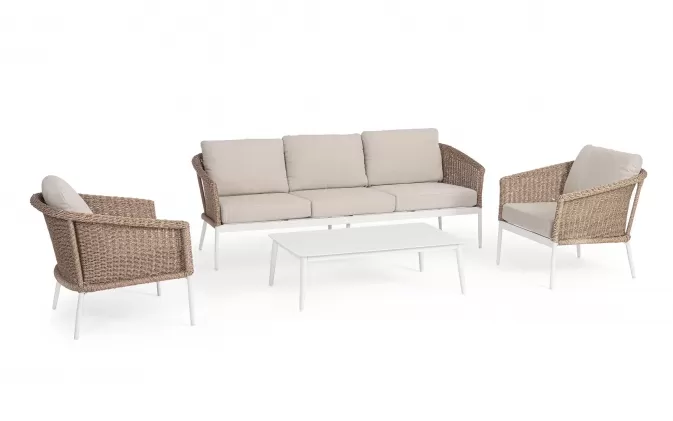 Jasnobeżowy komplet na taras z sofą i fotelami OCEANA aluminium i technorattan bizzotto