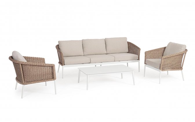 Jasnobeżowy komplet na taras z sofą i fotelami OCEANA aluminium i technorattan bizzotto