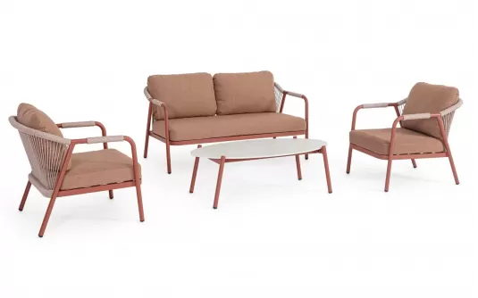 Meble ogrodowe na balkon aluminiowe kolor ceglany MIRAVET lina beżowa bizzotto Meble ogrodowe na balkon aluminiowe kolor ceglany MIRAVET lina beżowa bizzotto