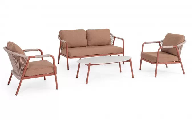 Meble ogrodowe na balkon aluminiowe kolor ceglany MIRAVET lina beżowa bizzotto
