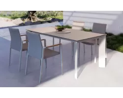 Białe smeble ogrodowe aluminiowe stołowe OTAVIO 180 cm krzesła Jalisco z beżowym obiciem stól beżowy