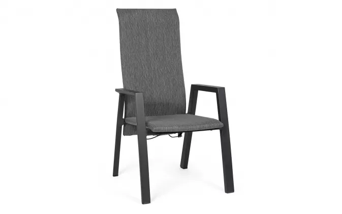 Wysokie krzesło stołowe na taras grafitowe ETHAN obicie tapicerka i pochylane siedzisko