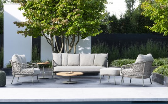 Meble ogrodowe na taras stal nierdzewna i lina polipropylenowa JURA poduszki Olefin 4so