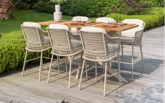 Komplet barowy na taras beżowy TRAMONTI stół blat teak 