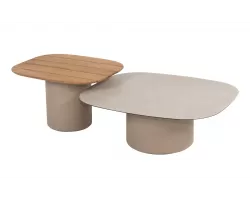 Zestaw dwóch stolików kawowych DEMI 4SO z blatami ceramicznym i teakowym