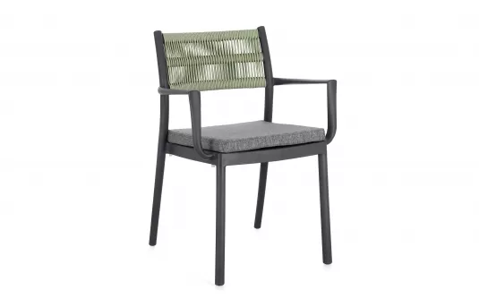 Krzesło na taras aluminiowe grafitowe ALVIN Bizzotto / plecionka z liny jasnozielonej