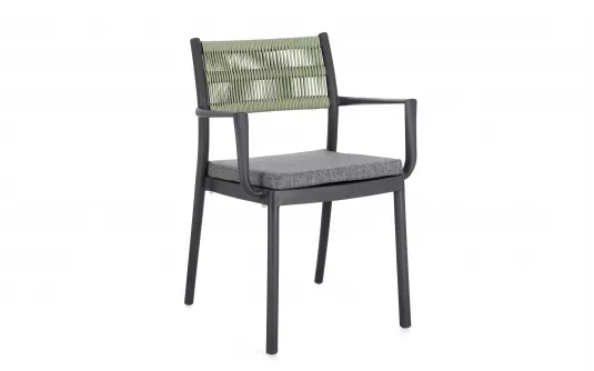 Krzesło na taras aluminiowe grafitowe ALVIN Bizzotto / plecionka z liny jasnozielonej