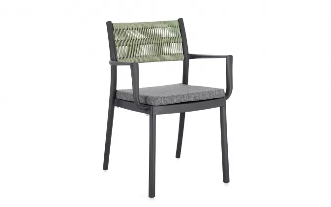 Krzesło na taras aluminiowe grafitowe ALVIN Bizzotto / plecionka z liny jasnozielonej