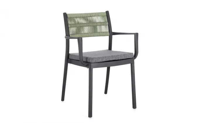 Krzesło na taras aluminiowe grafitowe ALVIN Bizzotto / plecionka z liny jasnozielonej