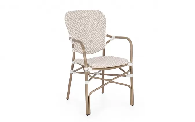 Klasyczny aluminiowy fotel do ogródków kawiarnianych CADEIRA / powłoka imitująca drewno / beż