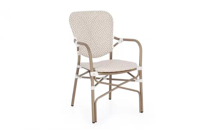 Klasyczny aluminiowy fotel do ogródków kawiarnianych CADEIRA / powłoka imitująca drewno / beż