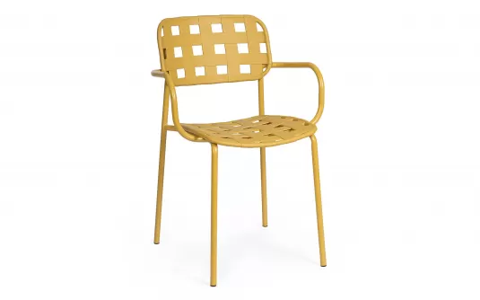 Żółte krzesło ogrodowe metalowe z podłokietnikami sztaplowane CLOVER Bizzotto