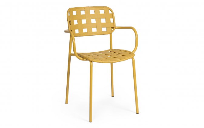 Żółte krzesło ogrodowe metalowe z podłokietnikami sztaplowane CLOVER Bizzotto