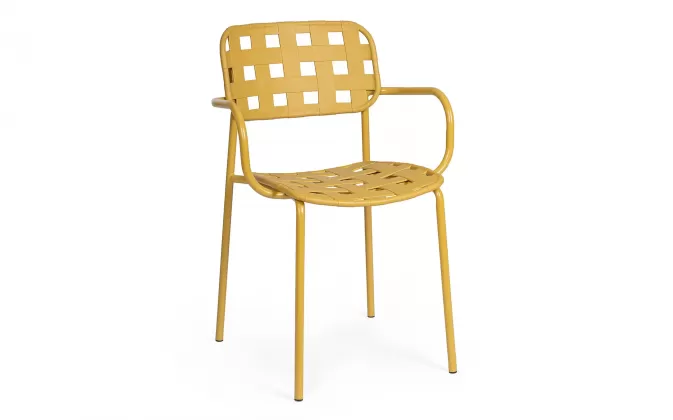 Żółte krzesło ogrodowe metalowe z podłokietnikami sztaplowane CLOVER Bizzotto