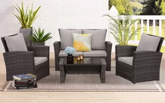 Brązowe meble ogrodowe wypoczynkowe z technorattanu SAN JOSE 