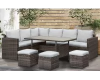 Brązowe narożne meble ogrodowe z technorattanu PALMARES ze stołem i pufami