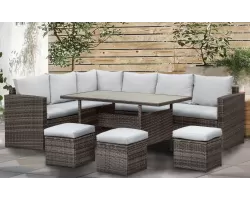 Brązowe narożne meble ogrodowe z technorattanu PALMARES ze stołem i pufami