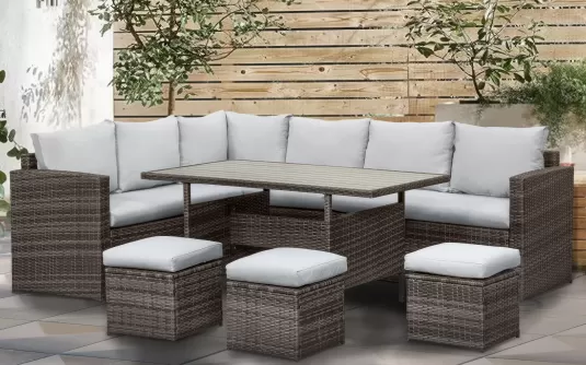 Brązowe narożne meble ogrodowe z technorattanu PALMARES ze stołem i pufami