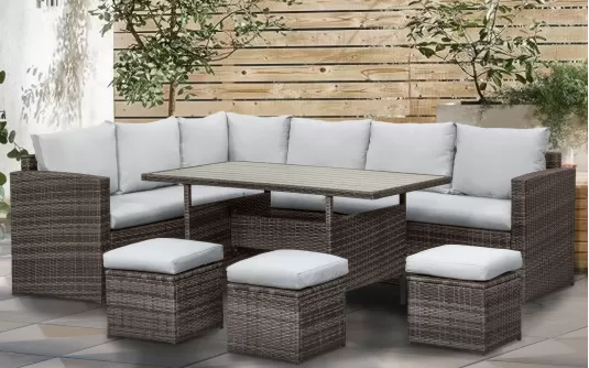 Brązowe narożne meble ogrodowe z technorattanu PALMARES ze stołem i pufami Brązowe narożne meble ogrodowe z technorattanu PALMARES ze stołem i pufami