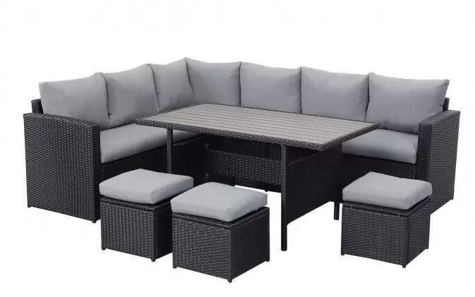 Czarme narożne meble ogrodowe z technorattanu PALMARES ze stołem i pufami