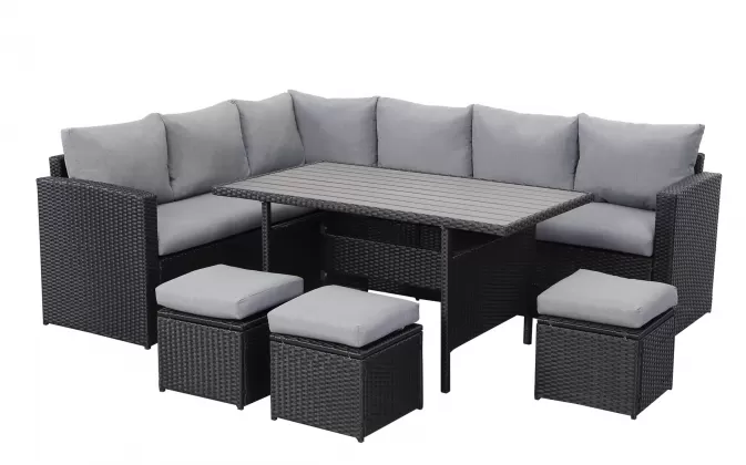 Czarme narożne meble ogrodowe z technorattanu PALMARES ze stołem i pufami