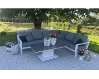 Biały luksusowy narożnik aluminiowy TIMBER z podnoszonym stolikiem z blatem kamiennym