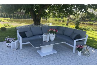 Biały luksusowy narożnik aluminiowy TIMBER z podnoszonym stolikiem z blatem kamiennym