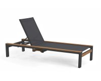 Ekskluzywny grafitowy leżak aluminiowy ogrodowy na kółkach SOHO z dodatkami z teaku