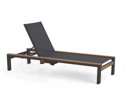 Ekskluzywny grafitowy leżak aluminiowy ogrodowy na kółkach SOHO z dodatkami z teaku