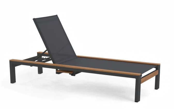 Ekskluzywny grafitowy leżak aluminiowy ogrodowy na kółkach SOHO z dodatkami z teaku