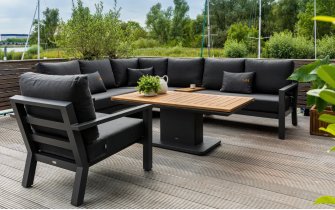 Narożnik ogrodowy aluminiowy grafitowy TIMBER ze stolikiem z blatem teak