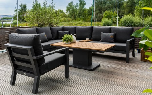 Narożnik ogrodowy aluminiowy grafitowy TIMBER ze stolikiem z blatem teak