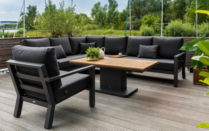 Narożnik ogrodowy aluminiowy grafitowy TIMBER ze stolikiem z blatem teak