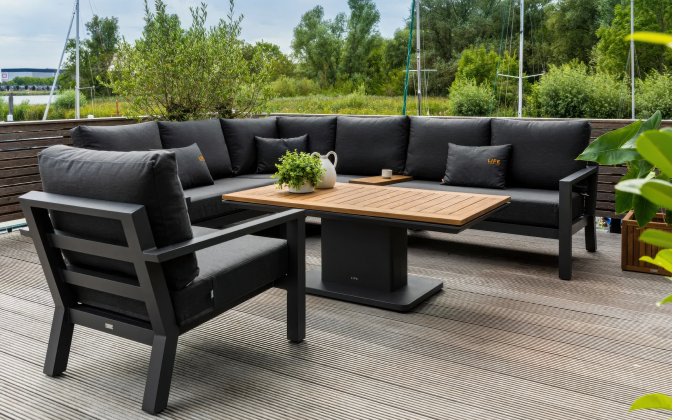 Narożnik ogrodowy aluminiowy grafitowy TIMBER ze stolikiem z blatem teak