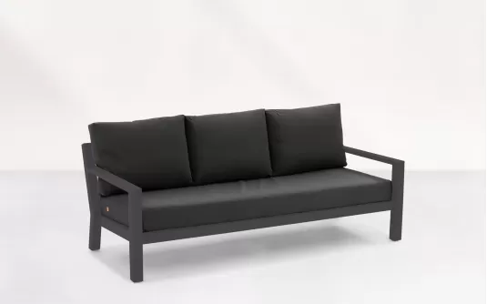 Sofa wypoczynkowa 3-osobowa na taras aluminiowa grafitowa TIMBER grube poduszki szare Sofa wypoczynkowa 3-osobowa na taras aluminiowa grafitowa TIMBER grube poduszki szare
