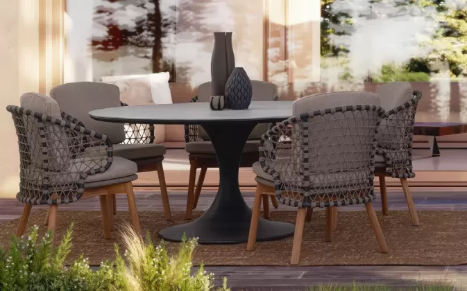 Grafitowy okrągły stół na taras aluminiowy ARNOLD śr. 158 cm blat kamienny