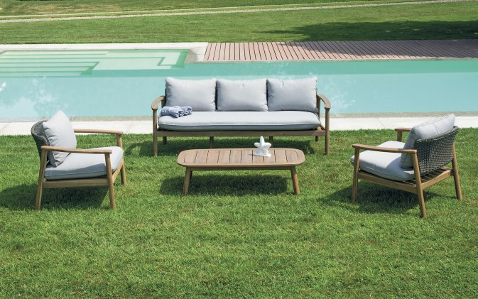 SCILLA zestaw wypoczynkowy ogrodowy akacja FSC lina antracyt poduszki szare