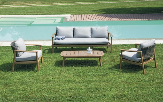 SCILLA zestaw wypoczynkowy ogrodowy akacja FSC lina antracyt poduszki szare