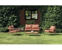 CARTAGENA zestaw wypoczynkowy ogrodowy aluminium efekt drewna czerwone poduszki