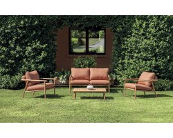 CARTAGENA zestaw wypoczynkowy ogrodowy aluminium efekt drewna czerwone poduszki